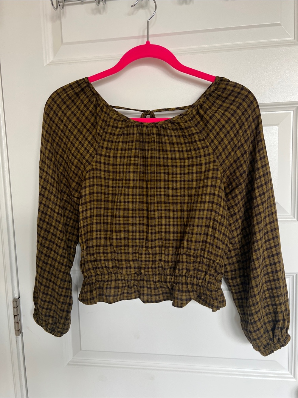 Madewell Olive Green Plaid Cropped Peasant Top